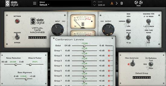 Slate Digital’s Virtual Tape Machines plugin with advanced calibration, hiss, wow & flutter, bass alignment, and VU options expanded.