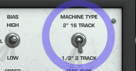 Close-up of Virtual Tape Machines plugin interface highlighting the machine type selector between 2" 16-track and ½" 2-track tape formats.